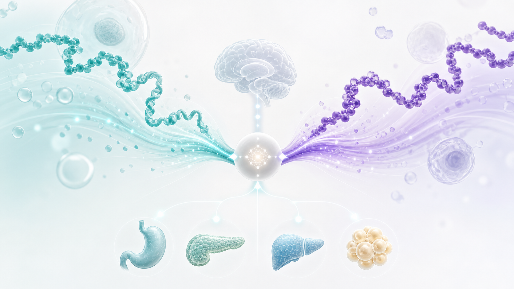 Abstract illustration of two peptide signaling pathways converging toward appetite and glucose regulation