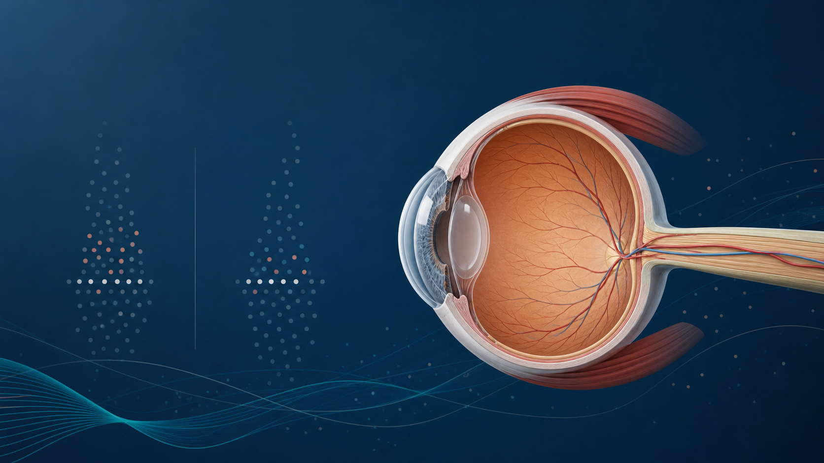 Medical illustration of the eye and optic nerve beside a subtle data comparison