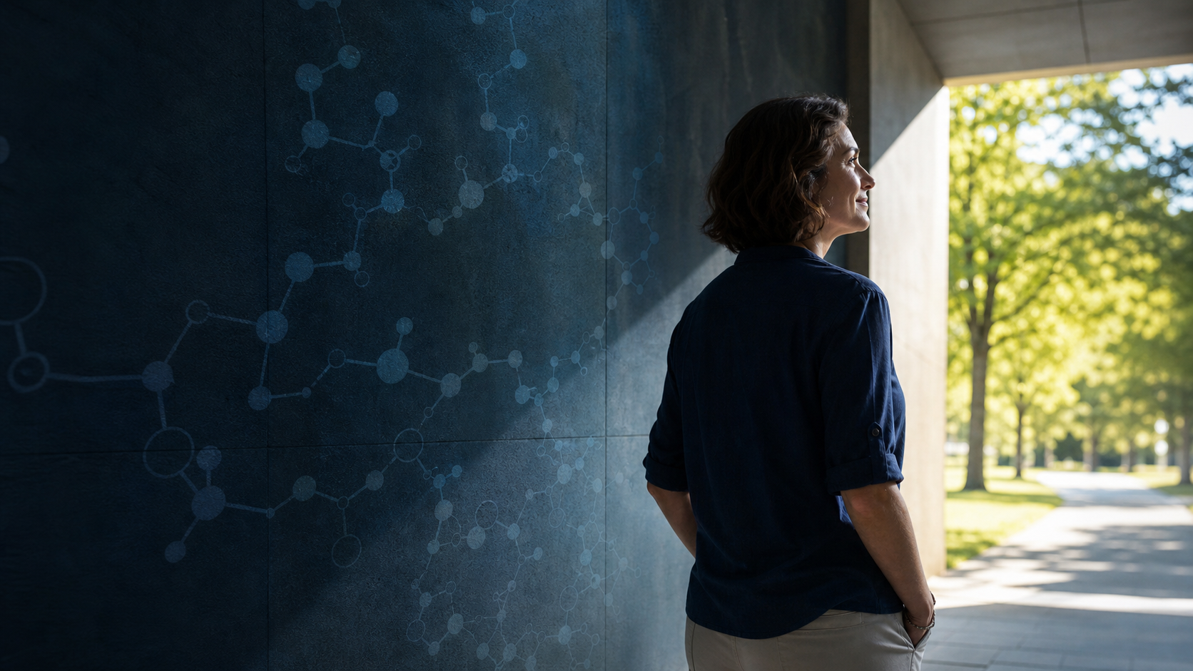 An adult with EPP standing in shade and looking toward a sunlit park, with a subtle peptide motif on the wall