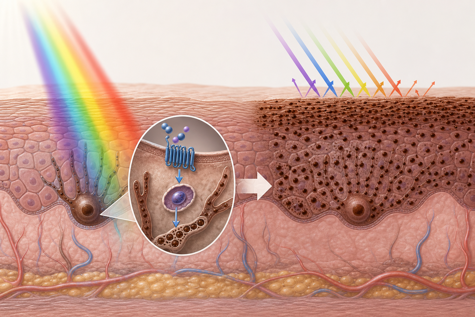 Conceptual skin cross-section showing MC1R signaling, increased eumelanin, and reduced visible-light penetration