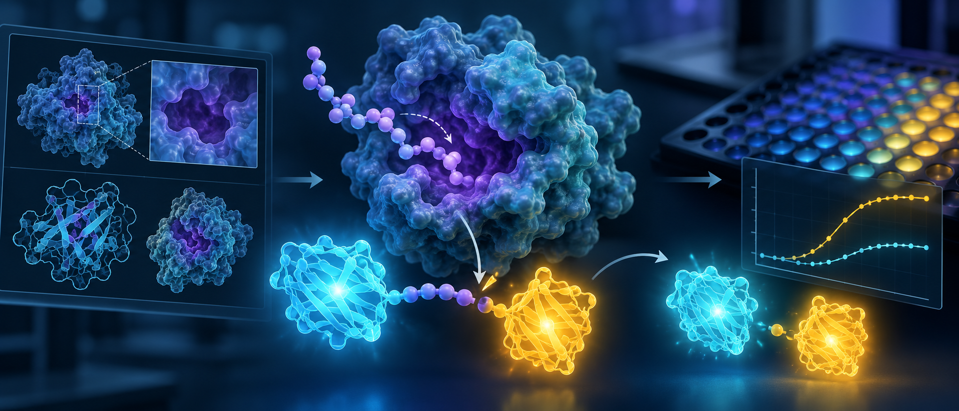 Scientific illustration of computational peptide design, a Zika protease binding pocket, a recombinant FRET sensor, and a microplate assay
