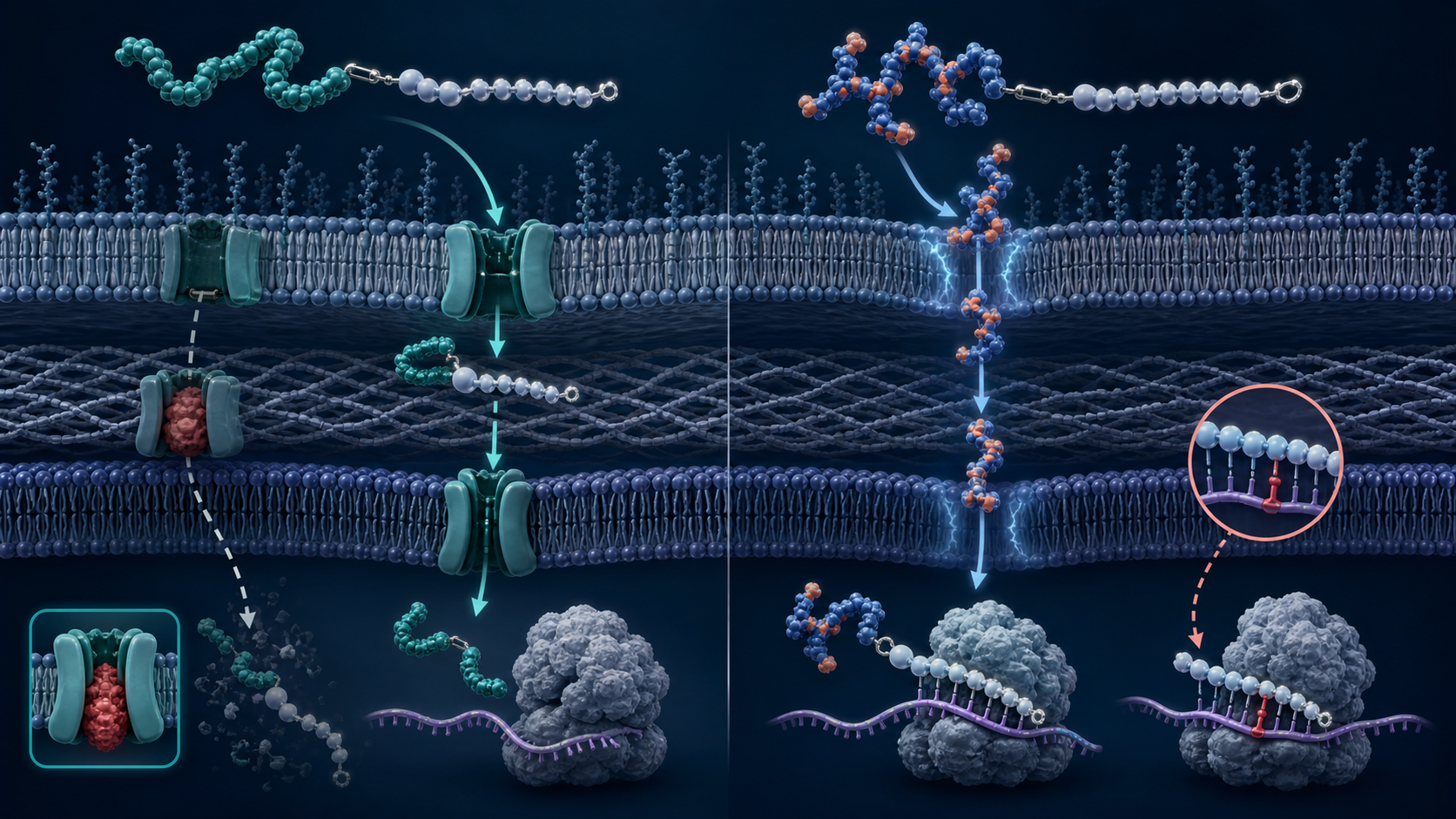 Conceptual illustration of two delivery routes carrying antisense PNA across a bacterial envelope