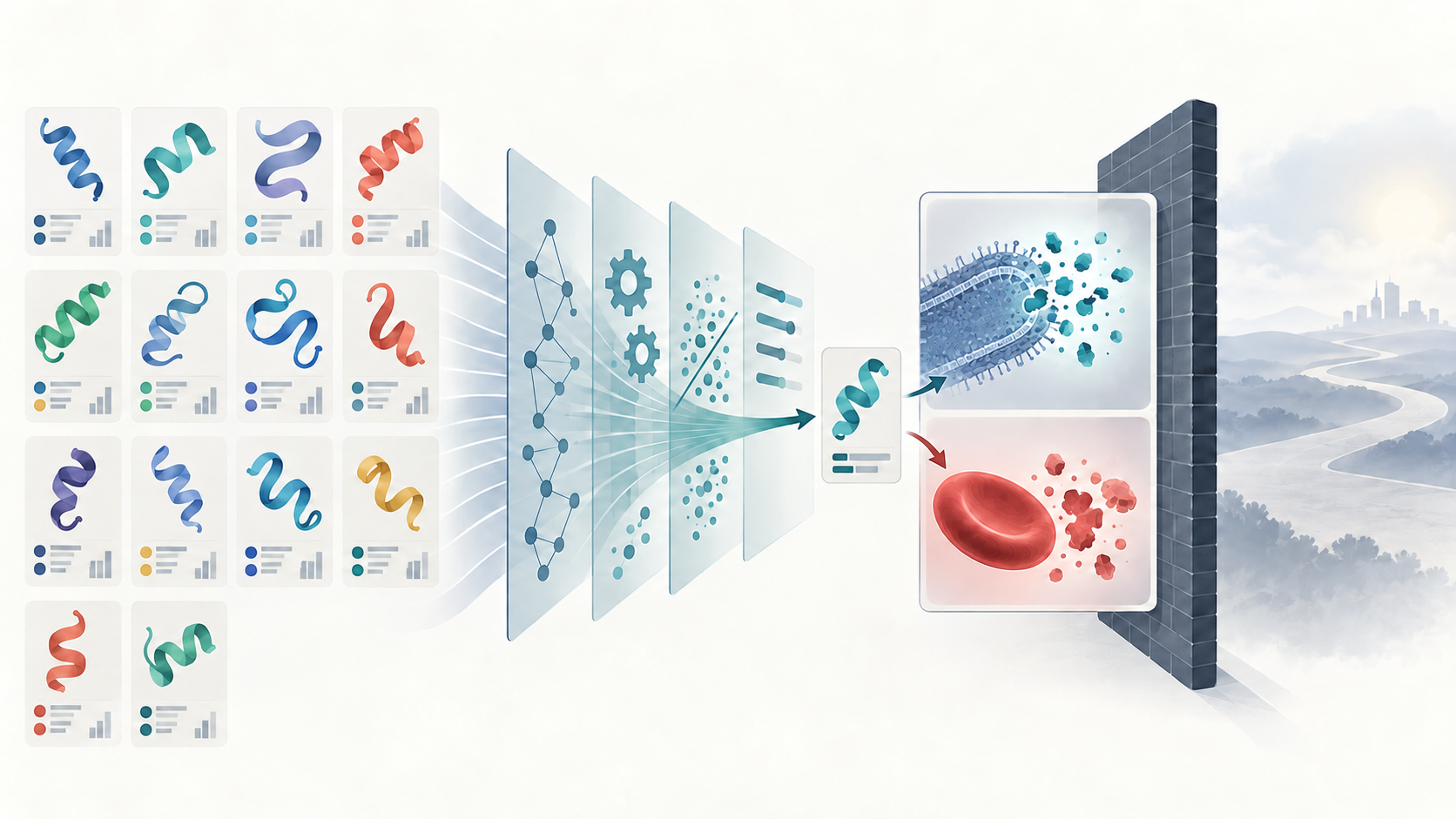 Conceptual evidence path from fourteen computationally prioritized peptide candidates through laboratory bacterial and red-cell tests to an unresolved clinical boundary