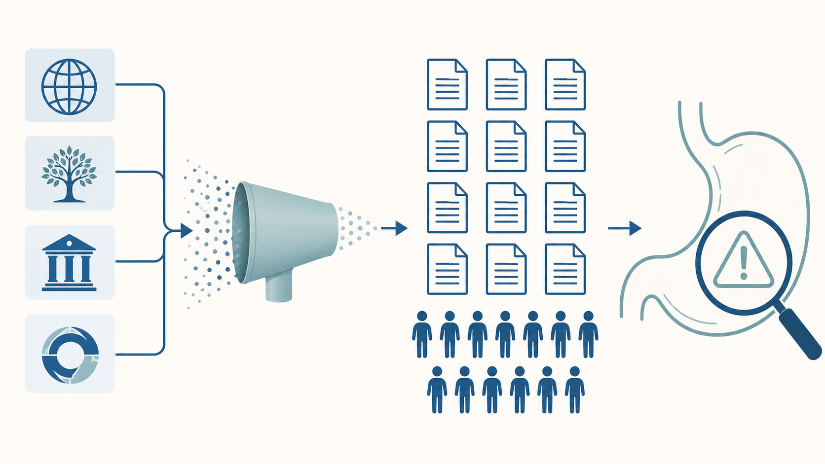 Evidence funnel showing four literature databases narrowing to 12 case reports and 13 patients, followed by a cautious review of a stomach-related safety signal