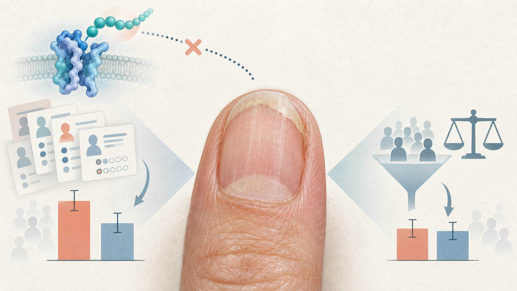 Scientific illustration contrasting a crude cross-sectional nail association with a balanced new-onset analysis