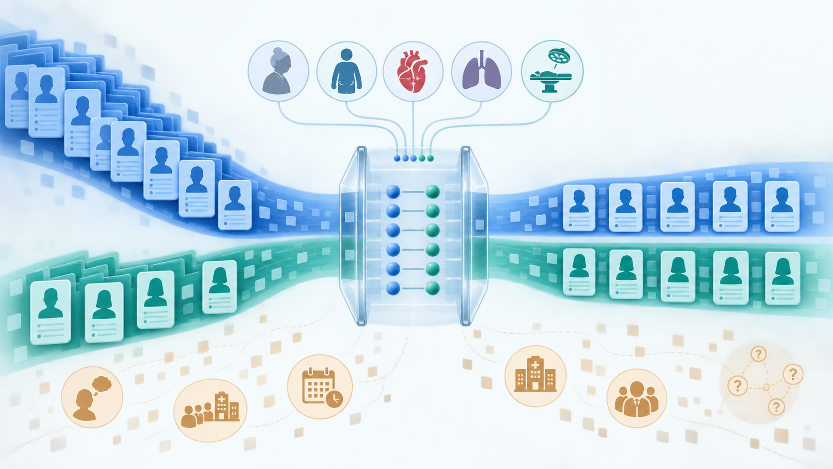 Diagram of two patient-record streams passing through a matching filter while unmeasured factors remain outside