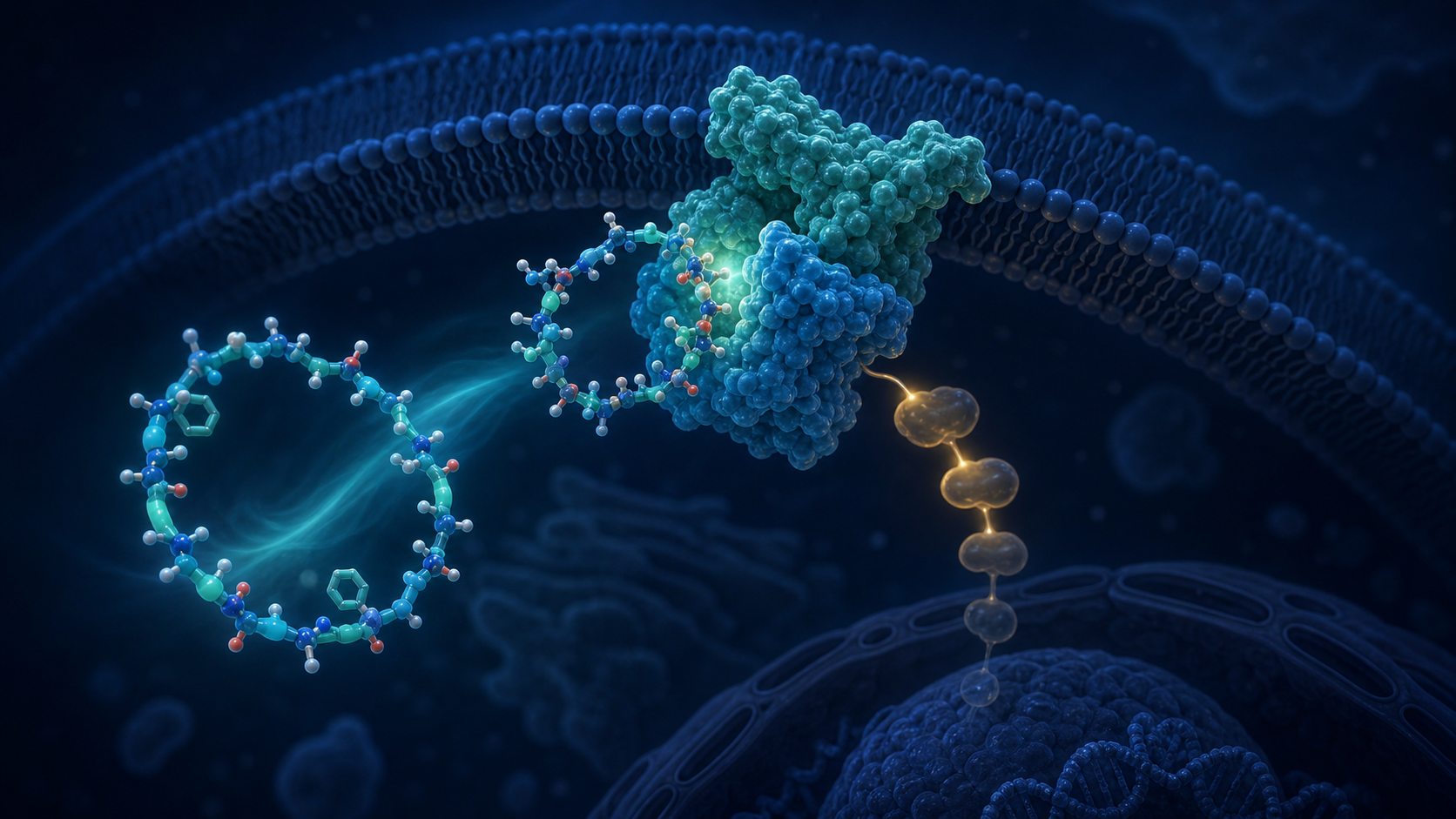 Conceptual illustration of a cyclic peptide interacting with a membrane-associated RAS signaling switch