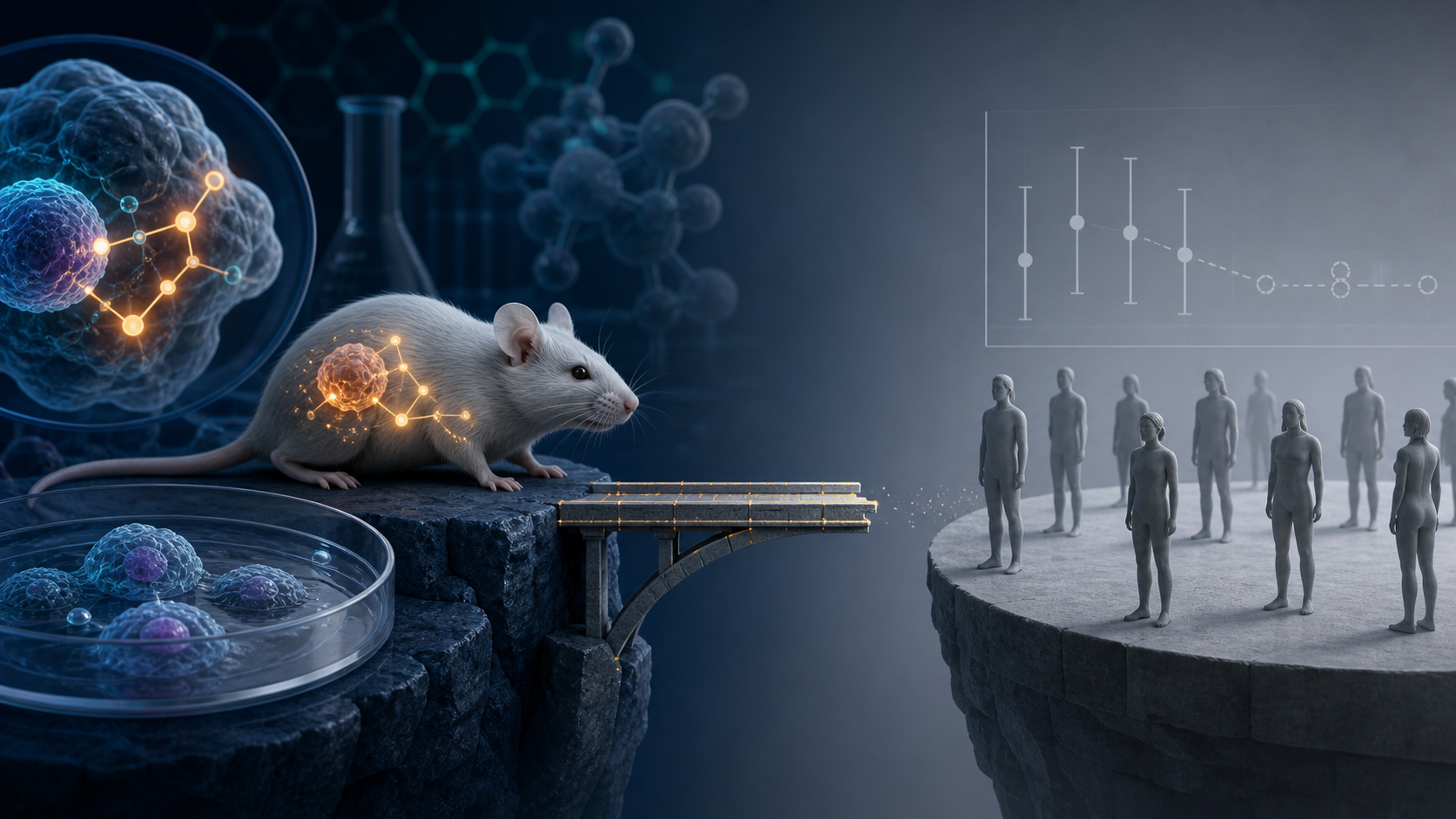 Illustration showing cell and animal evidence separated by an unfinished bridge from unresolved human clinical evidence