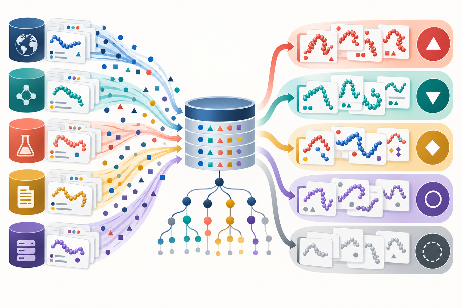 Scientific illustration of peptide records from multiple sources being harmonized into five distinct evidence-state lanes