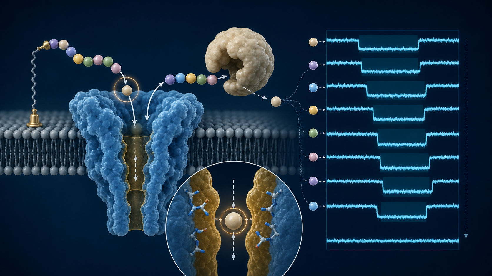 Concept illustration of an engineered nanopore repeatedly sensing a peptide as an enzyme removes amino acids one at a time