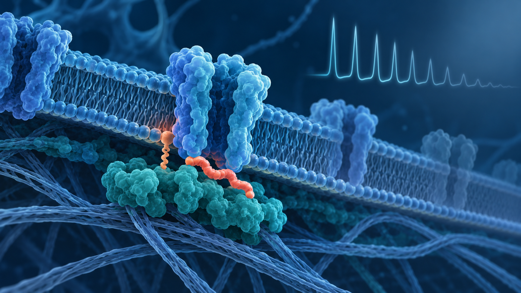 Conceptual scientific illustration of a lipidated peptide interrupting the Nav1.8–ankyrin-3 scaffold at a sensory-neuron membrane.