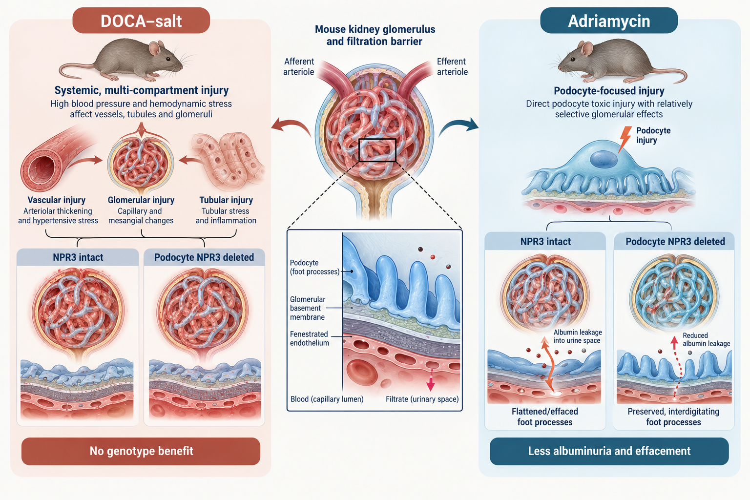 Scientific illustration comparing the lack of genotype benefit in DOCA–salt injury with reduced albumin leakage and foot-process effacement after Adriamycin injury in podocyte-specific Npr3 knockout mice