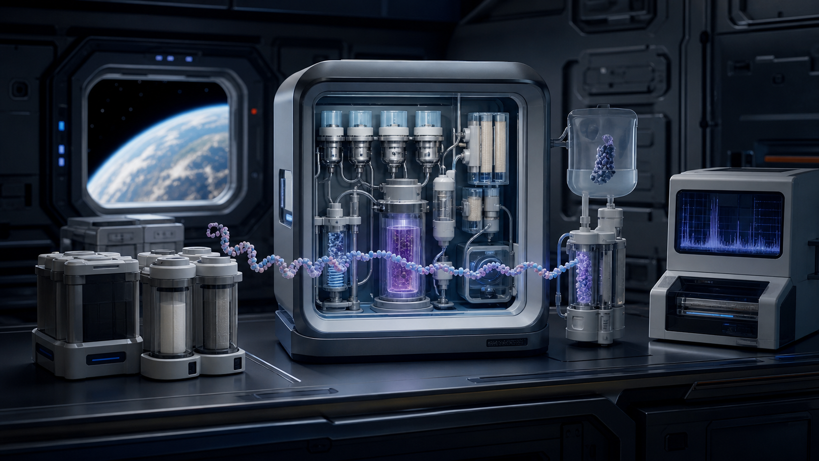 Conceptual closed biomanufacturing system for peptide medicines inside a spacecraft laboratory