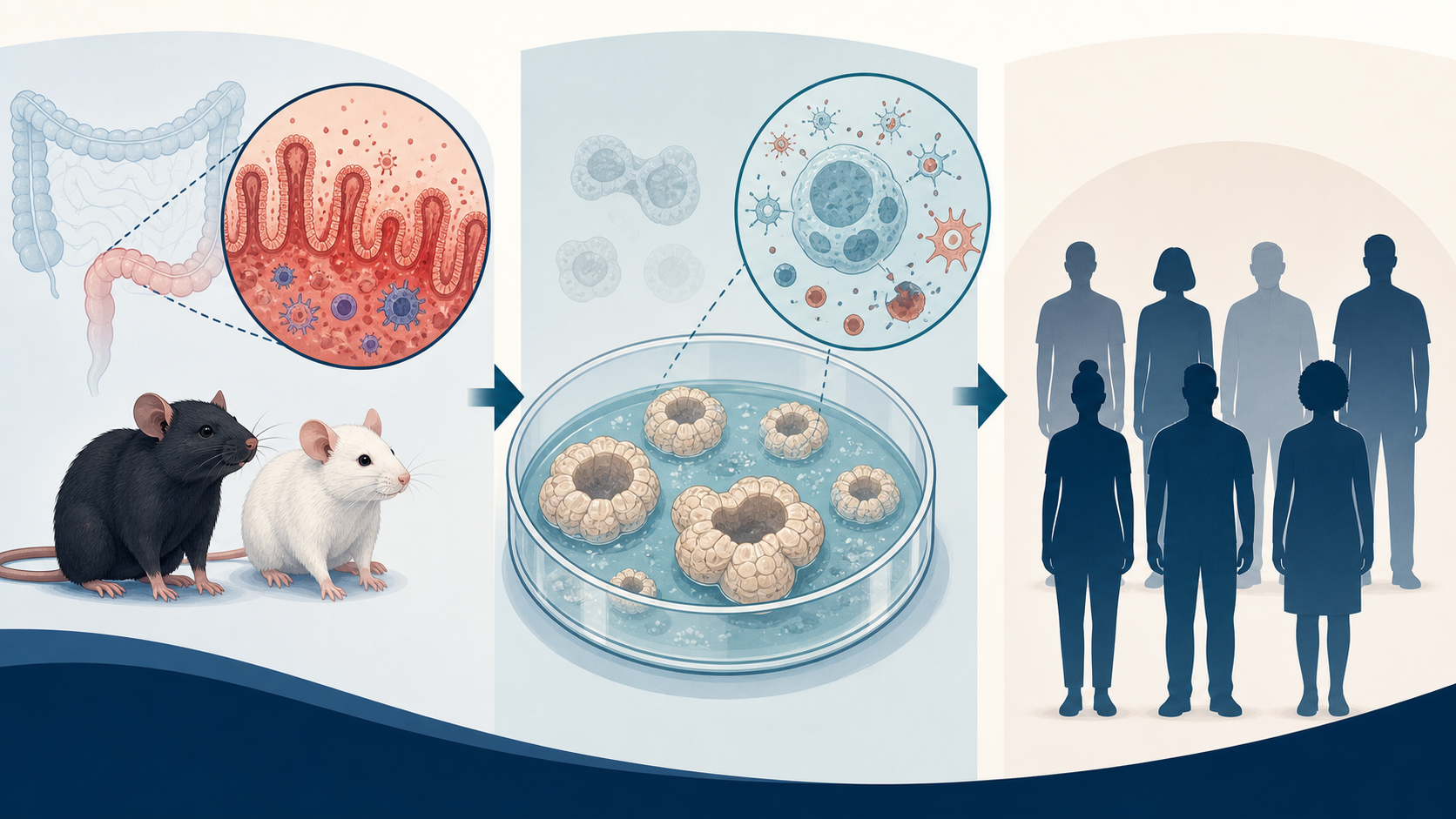 Scientific illustration separating mouse models, intestinal organoids, and a seven-person early clinical cohort
