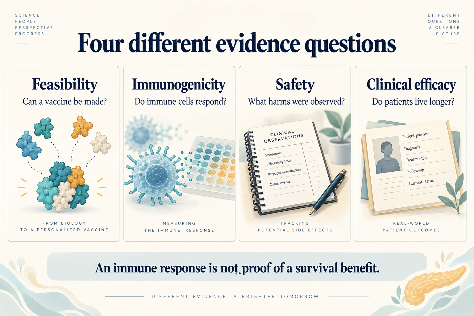 Four separate questions about vaccine manufacture, immune-cell response, observed harms, and patient outcomes