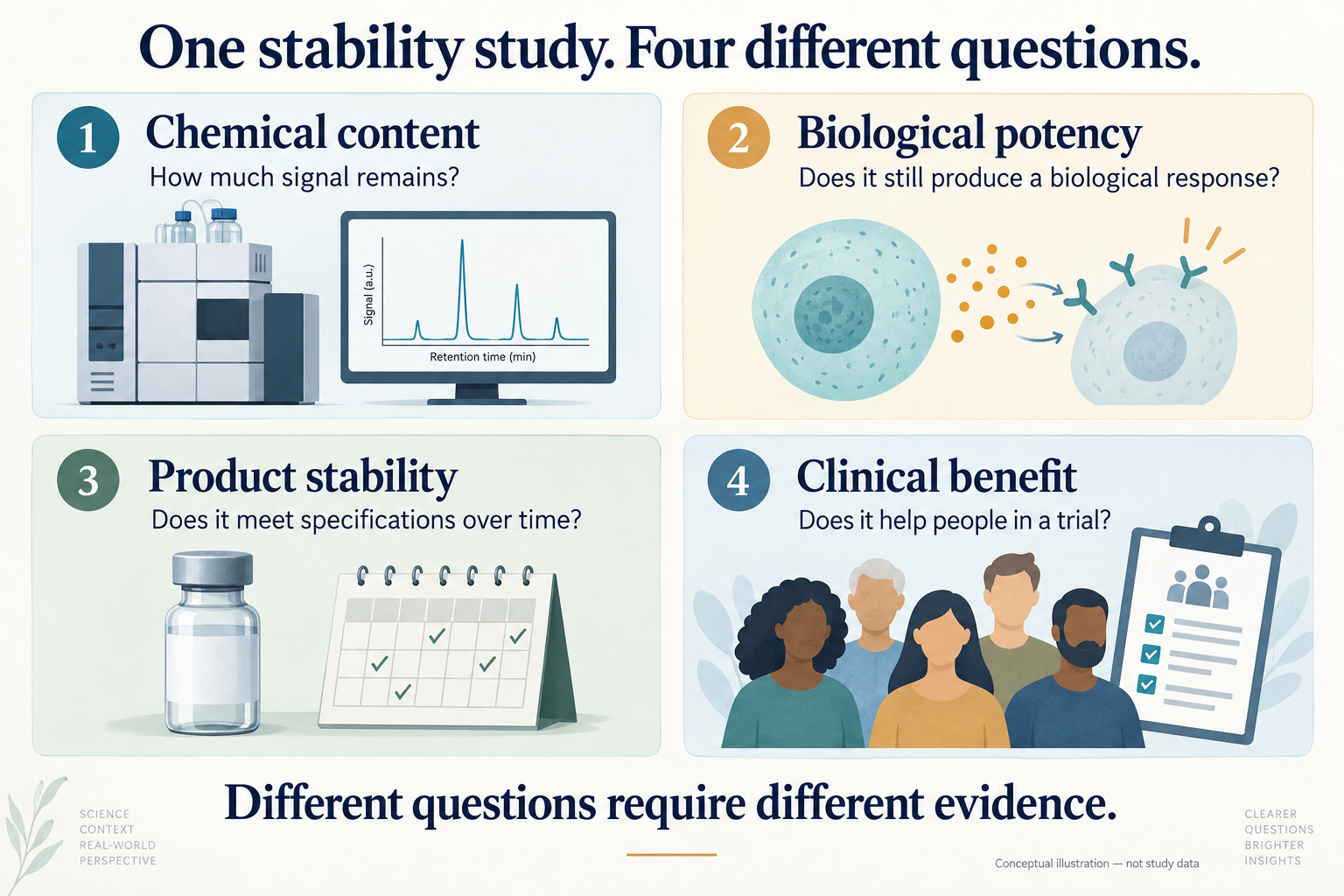 Four separate evidence questions: chemical content, biological potency, product stability and clinical benefit.