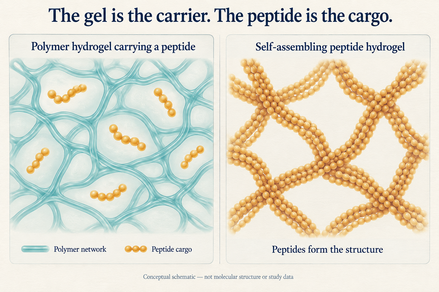 Polymer network carrying separate peptide chains, contrasted with a network formed by self-assembling peptides.