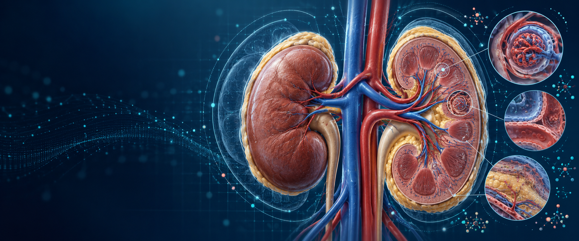 Scientific illustration of kidneys, renal vessels, glomerular microvasculature and surrounding fat with research-imaging overlays