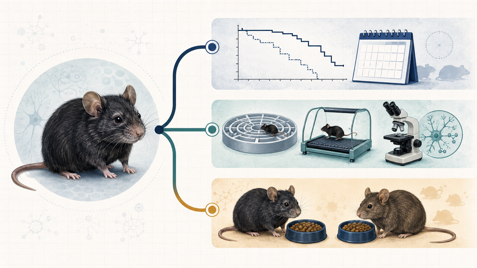 Scientific illustration showing the study's separate lifespan, physiology and calorie-restriction cohorts in aged female mice
