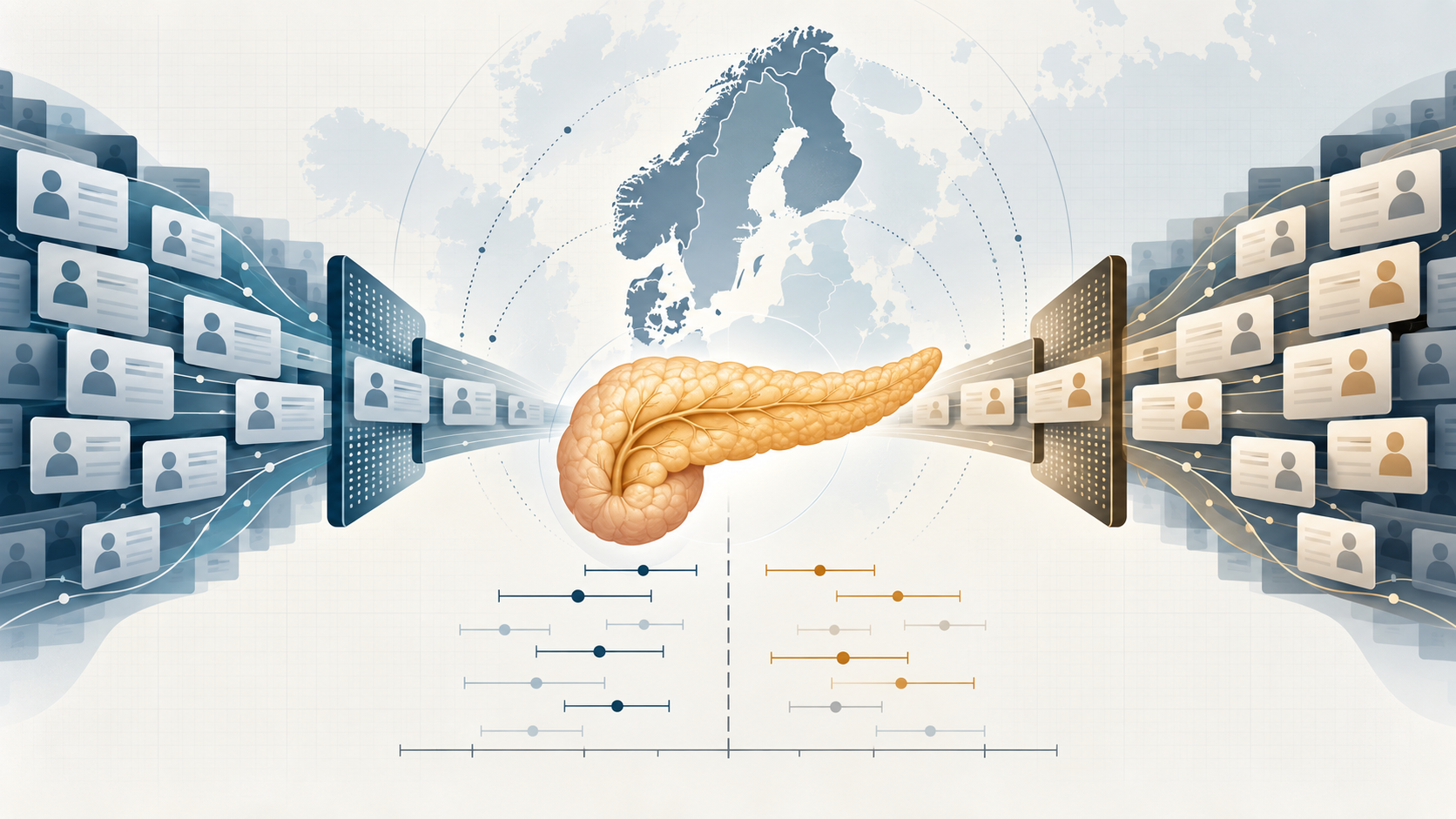 Scientific illustration of matched Nordic patient registries, a pancreas and confidence intervals