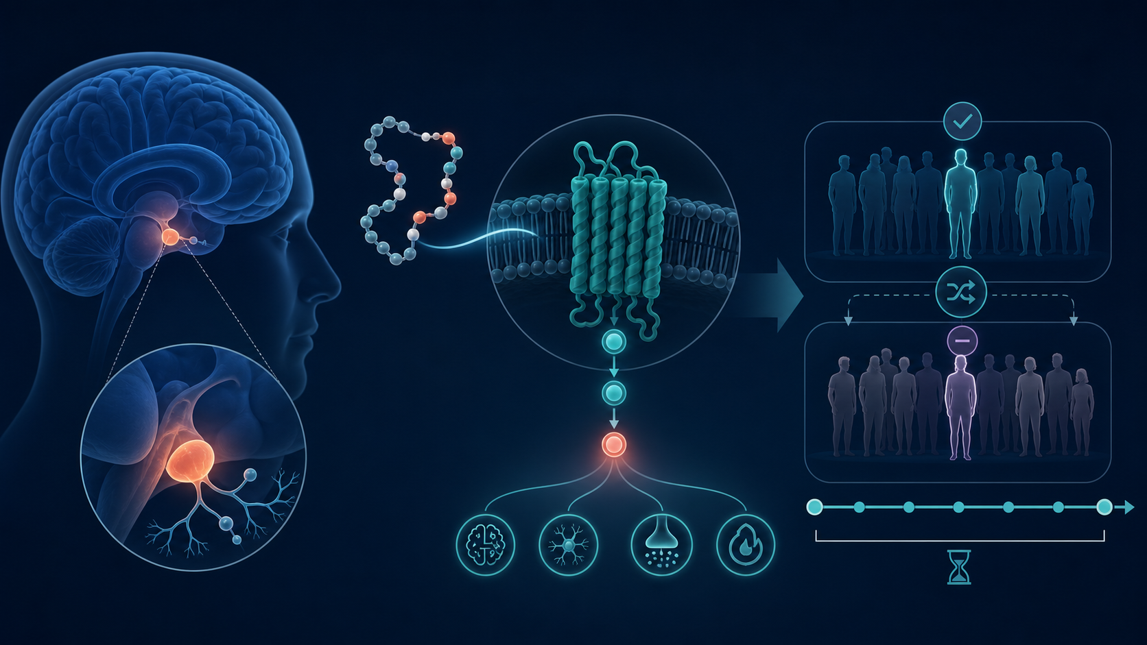 Conceptual illustration connecting hypothalamic injury, a peptide MC4R agonist, and randomized trial evidence