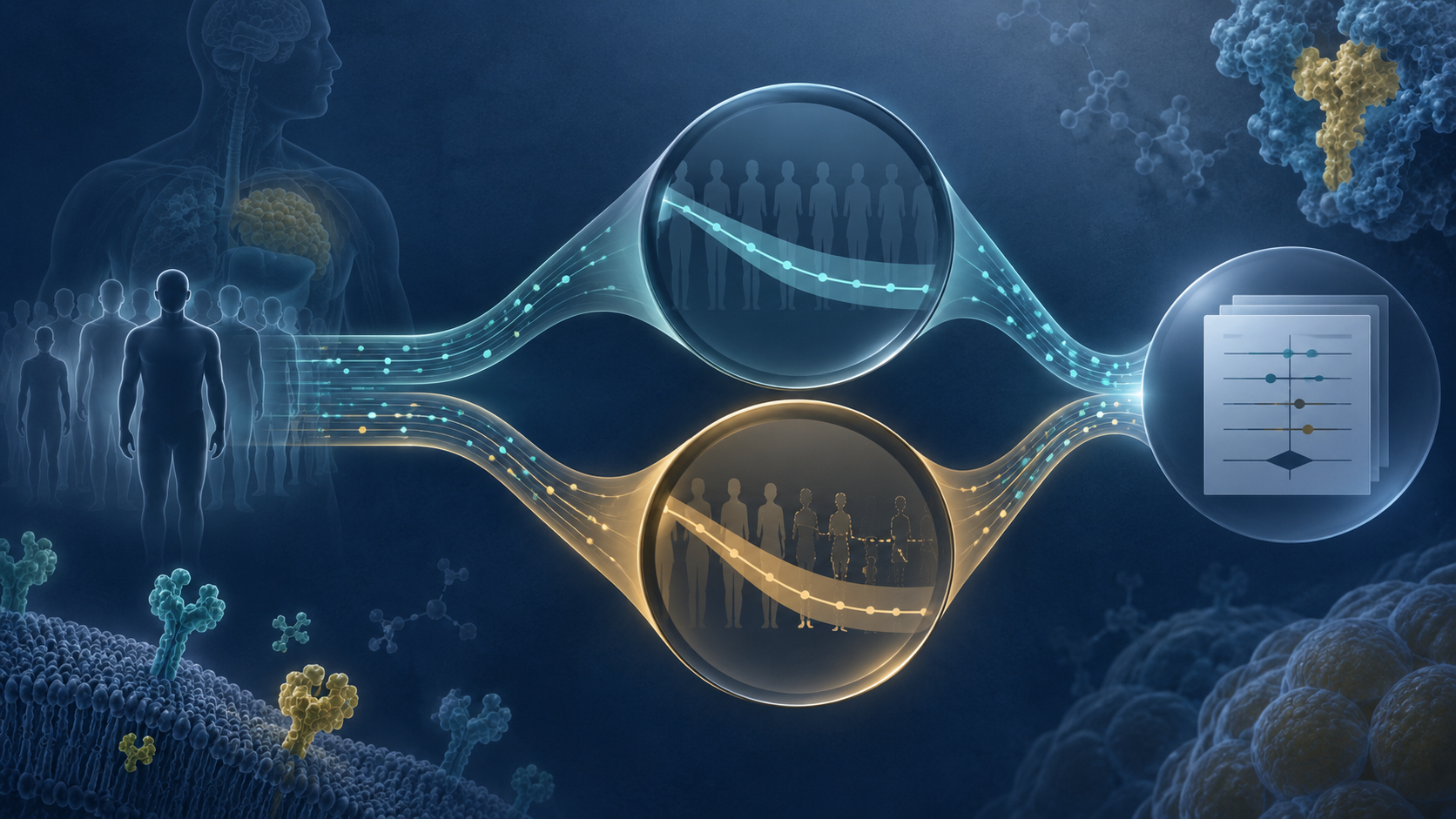 Editorial illustration of one clinical-trial dataset passing through two analytical lenses