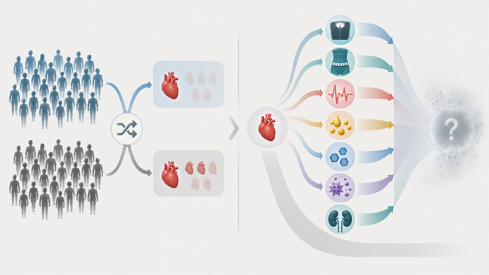 Conceptual illustration separating the randomized SELECT outcome comparison from the later analysis of possible mediating pathways