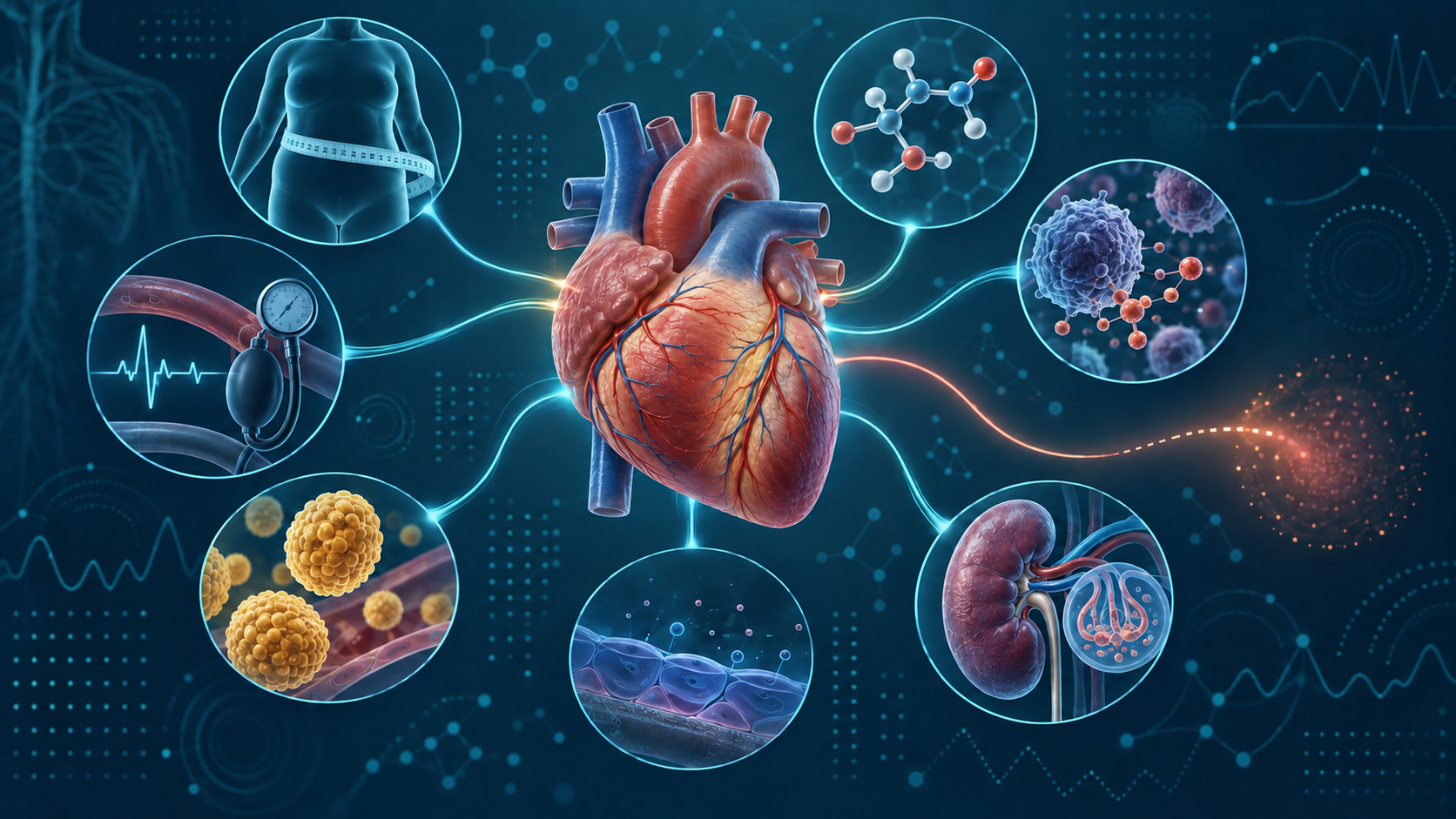 Scientific illustration of a heart connected to measured metabolic and cardiovascular pathways, with one pathway remaining unresolved